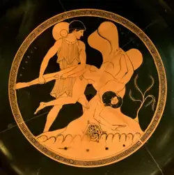 Attic kylix (480 BC)Theseus killing Skiron, attr. to Douris, from Vulci - Berlin  