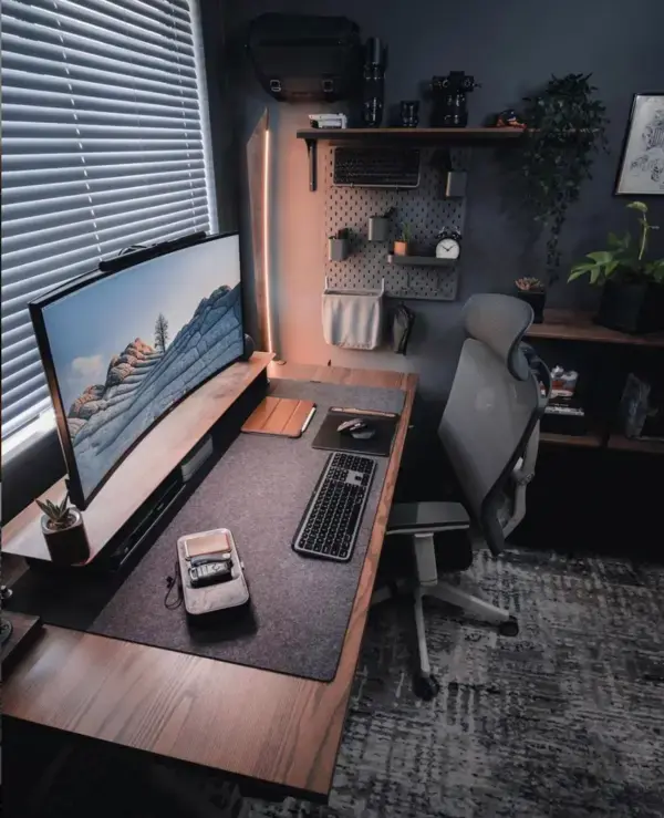 Home office walnut wood desk setup