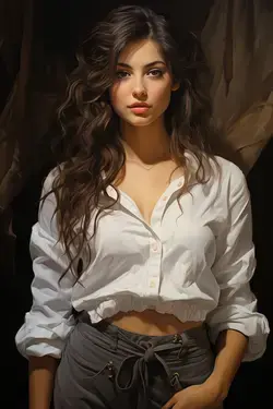 a woman in a white shirt and grey pants