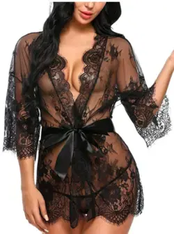 Women's Lace Kimono Robe Babydoll Lingerie Mesh Nightgown