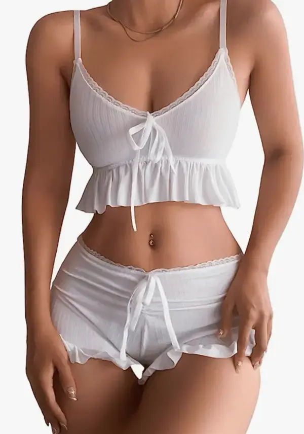 Women's 2 Piece Lingerie Set Pajama Sets Ruffle Trim Tie Front Cami Top and Shorts Sleepwear