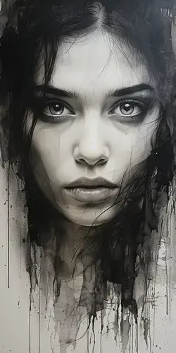 a black and white painting of a woman's face
