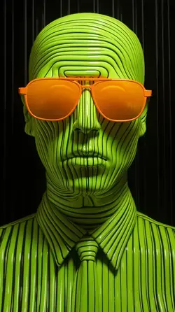 a green mannequin with orange sunglasses on