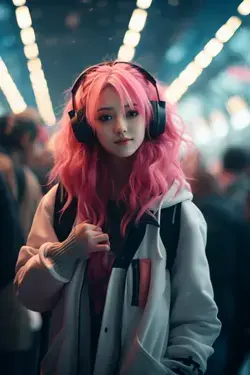 Hyper-Realistic Urban Art: Vibrant Girl with Pink Hair and Headphones