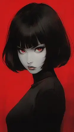 a woman with black hair and red eyes