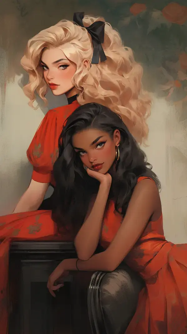 a painting of two women with long hair