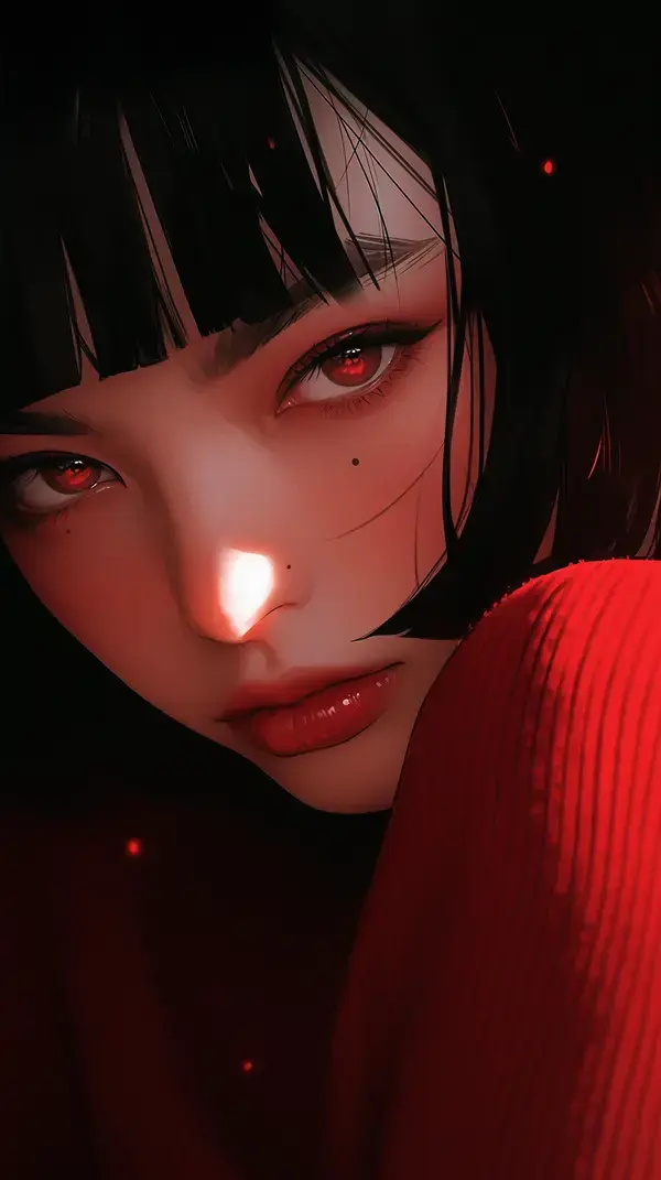 a close up of a person with red eyes