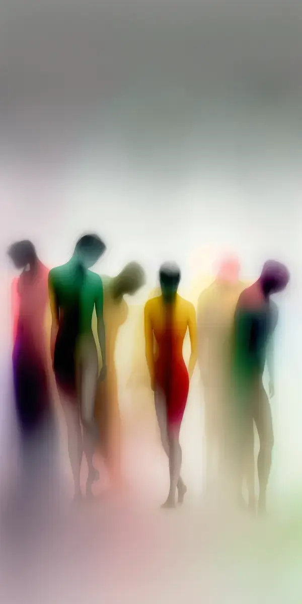 Blur photo, rainbow colors siluets of dancing people by Bill Durgin, dark glacial fog backgroun, min