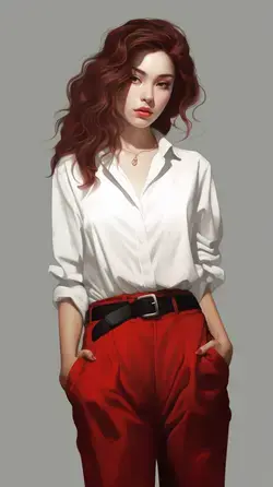 A woman in a white shirt and black pants, inspired by Russell Dongjun Lu
