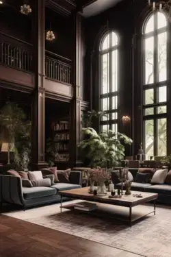 Timeless Elegance: living room with high ceilings and wooden furniture!