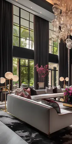living room that marries plush velvet seating, dazzling crystal lighting