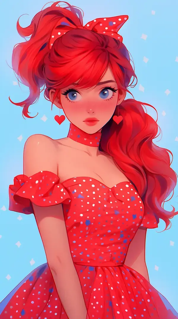 a woman with red hair wearing a polka dot dress