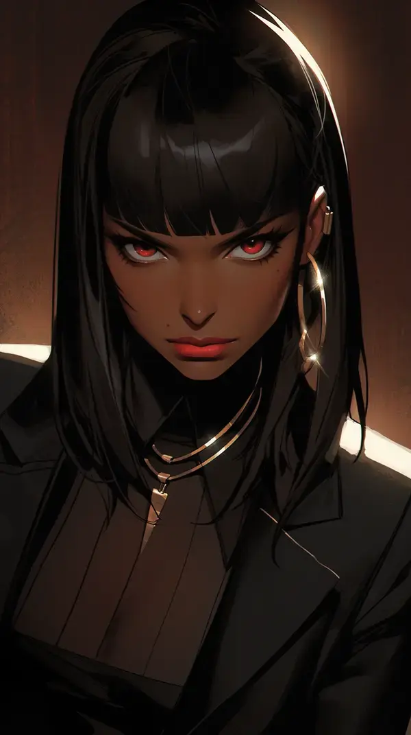 a woman with black hair and red eyes