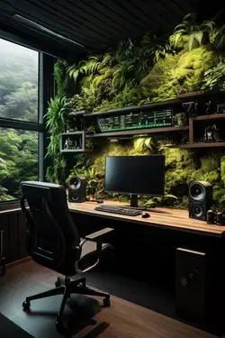 Modern Grass Wall Gaming Office Setup Minimalist Style Idea