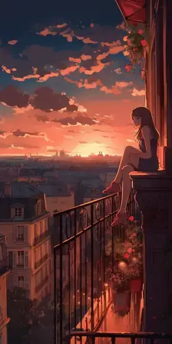 a woman sitting on a balcony looking at the sunset