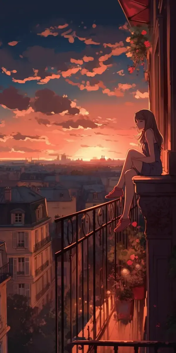 a woman sitting on a balcony looking at the sunset