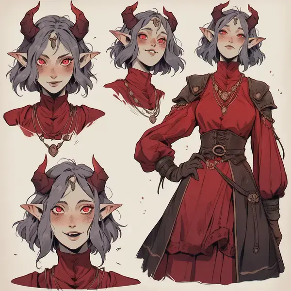 Character reference of a Demon Girl/Tiefling. Fantasy character design. AI OC.