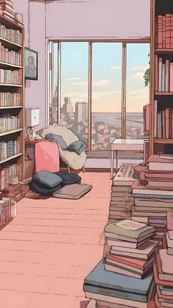 Dreamy Animated Scene: Stylish Home and Book Pile