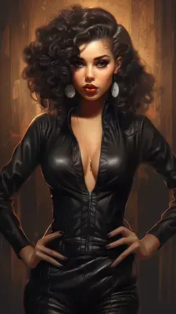 a painting of a woman in a leather outfit