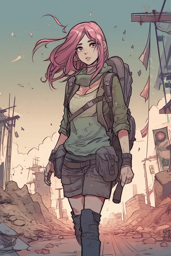 a girl with pink hair and a backpack walking down a street