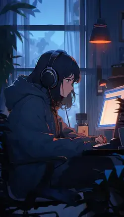 Dreamy Anime Lo Fi Girl at laptop Wallpaper Iphone