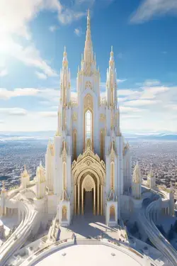 A Gigantic White and Gold Futuristic Cathedral At A Modern City