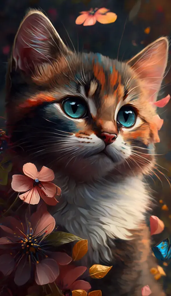 A kitten in a flower meadow