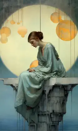 a painting of a woman sitting on a ledge