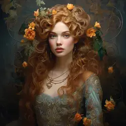 a woman with long red hair and flowers in her hair