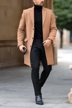 Men's Black Outfit with Tan Overcoat | Gentleman Style | Giorgenti Custom Suits Brooklyn NYC