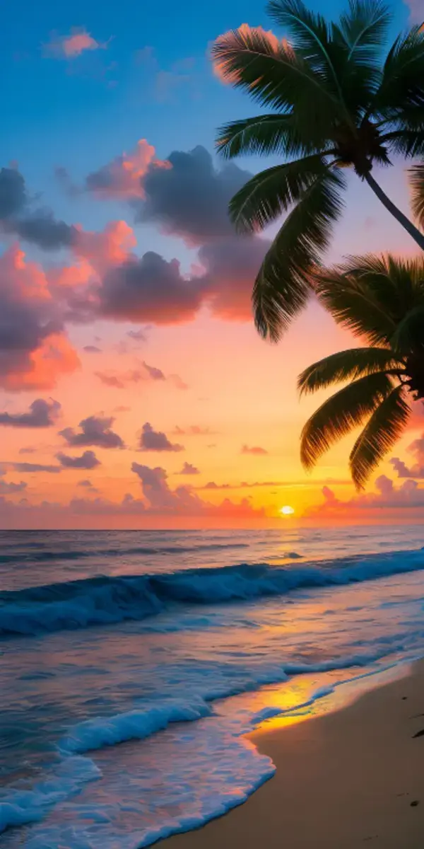 Trees, Beach and Sunset Wallpaper