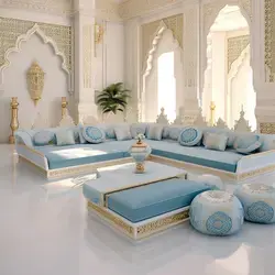 White and blue Traditional majlis seating interior design with long majlis sofa