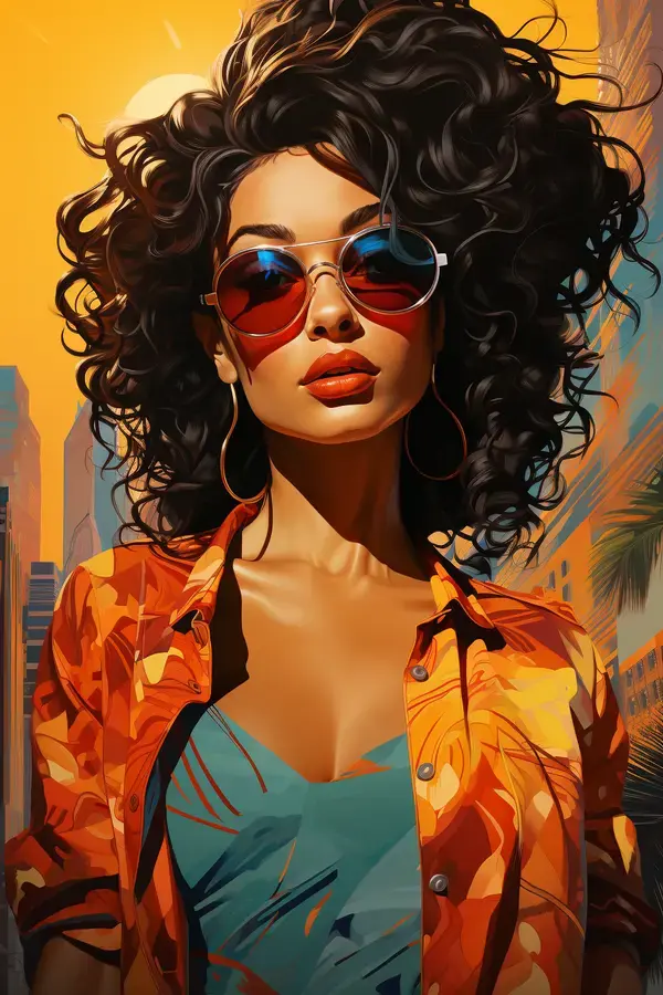 a painting of a woman with sunglasses on