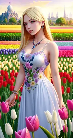 beautiful blond girl wearing a white dress in a field of flowers