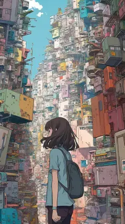 a woman standing in the middle of a city Lofi art