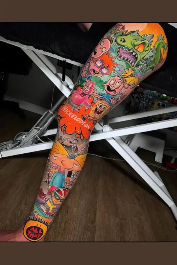 Full of Colorful Cartoon Characters Tattoo for Leg Art