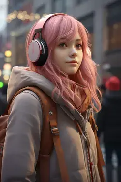 Urban Art of a Girl with Pink Hair and Headphones