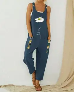 floral printed straps patchwork vintage jumpsuit with pocket p321188 Navy-US10