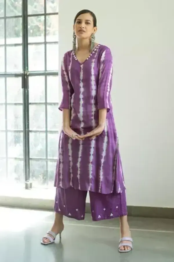 Gulaal Embroidered Kurta Palazzo Set | Purple, Hand-dyed Leheriya, Kurta, V Neck, Three Quarter