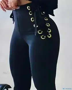 OrcaJump - Elegant High-Waist Eyelet Lace-Up Tied Detail Skinny Pants