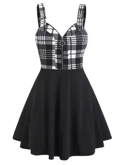 Jangj Dress 3XL Tartan Plaid Panel Crisscross Cami A Line Dress Sleeveless High Waist Mini Party Dress Black5801-XL